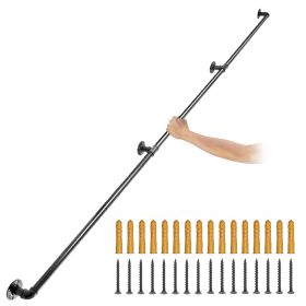 Pipe Stair Handrail, 8FT Staircase Handrail, 440LBS Load Capacity Carbon Steel Pipe Handrail, Industrial Pipe Handrail with Wall Mount Support